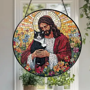Jesus Holding Cat Stained Acrylic Suncatcher Christian Window Decor