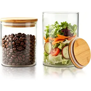 Size 33+17 oz Glass Food Storage Jars with Airtight Lids, Clear Glass Jar with Bamboo Lid, Airtight Food Canister for Tea, Candy, Coffee, Sugar, Cookie, Snack. (Round |   5+6 inches