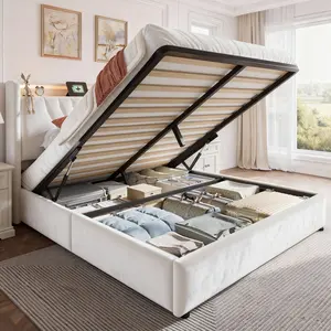 Raybee Queen Size Hydraulic Lift Up Storage Bed Frame with LED Lights & Charging Station,【No Mattress】Modern Luxury Platform Bed Frames with Upholstered Headboard & Shelf, No Box Spring Needed, 880lbs Capacity