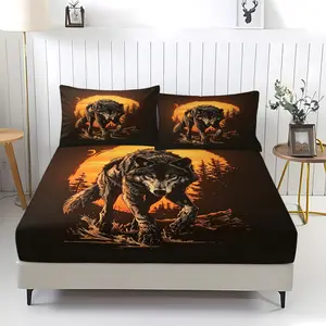 Wolf pattern printed bedsheet, including 1 bedsheet and 2 pillowcases, anti slip dust cover suitable for bedrooms and guest rooms, suitable for personal use or gift giving