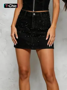 Women's New Denim Short Slim Fit Skirt Spring Summer Elastic Comfortable Breathable Trendy Chic Aesthetic Rhinestone Design Fashion Dress