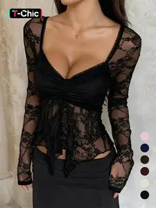 Elegant Lace Long Sleeve Top, Women's Fashionable Blouse, Stylish Hollow Out Design, Perfect for Casual Wear, All Seasons, Slim Fit, Womenswear, Chic, Shirts