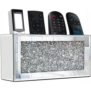 Mirrored Remote Holder, Wall Mounted Crush Diamond Bling Decoration Organizer Storage Box for Remote Phone Pad Wallet Notebook, 8.3"×2.5"×4" Fits 3 or 4 Remote Controls