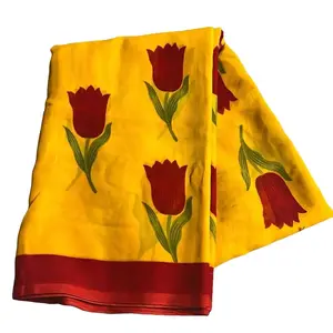 Yellow Floral Sari with Red Tulip Patterns and Red Trim Edge
