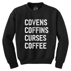 Covens Coffins Curses Coffee Crewneck Sweatshirt Funny Halloween Witch Caffeine Lovers Longsleeve Sweater Funny Sweater Halloween Crew Neck Funny Coffee Long Sleeve Crew Novelty Sweatshirts for Men Black -