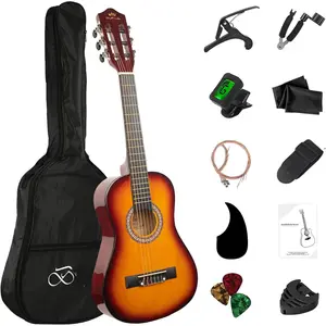 30in Beginner Acoustic Guitar Basic Starter Kit Tuner Bag Capo Strings Winders Strap Picks Student/ Guitar Pickguard with Gig Bag Sunset