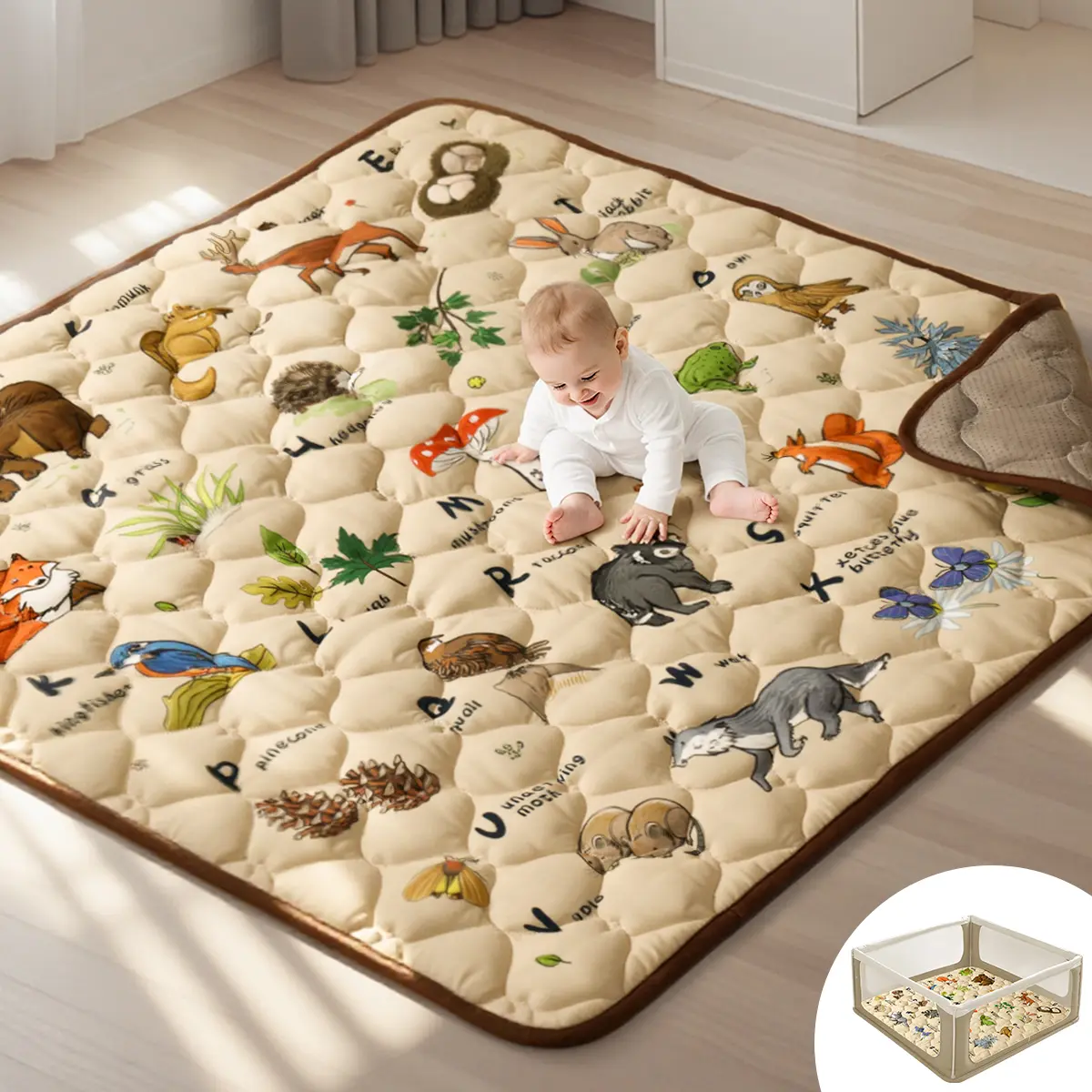 bioby Tummy Time Play Mat for Infants & Toddlers, Thick Soft Cotton Nursery Development Mat with Cartoon Pattern, Foldable & Anti-Slip, 50x50 Inch, Brown, Play Mat For Babies