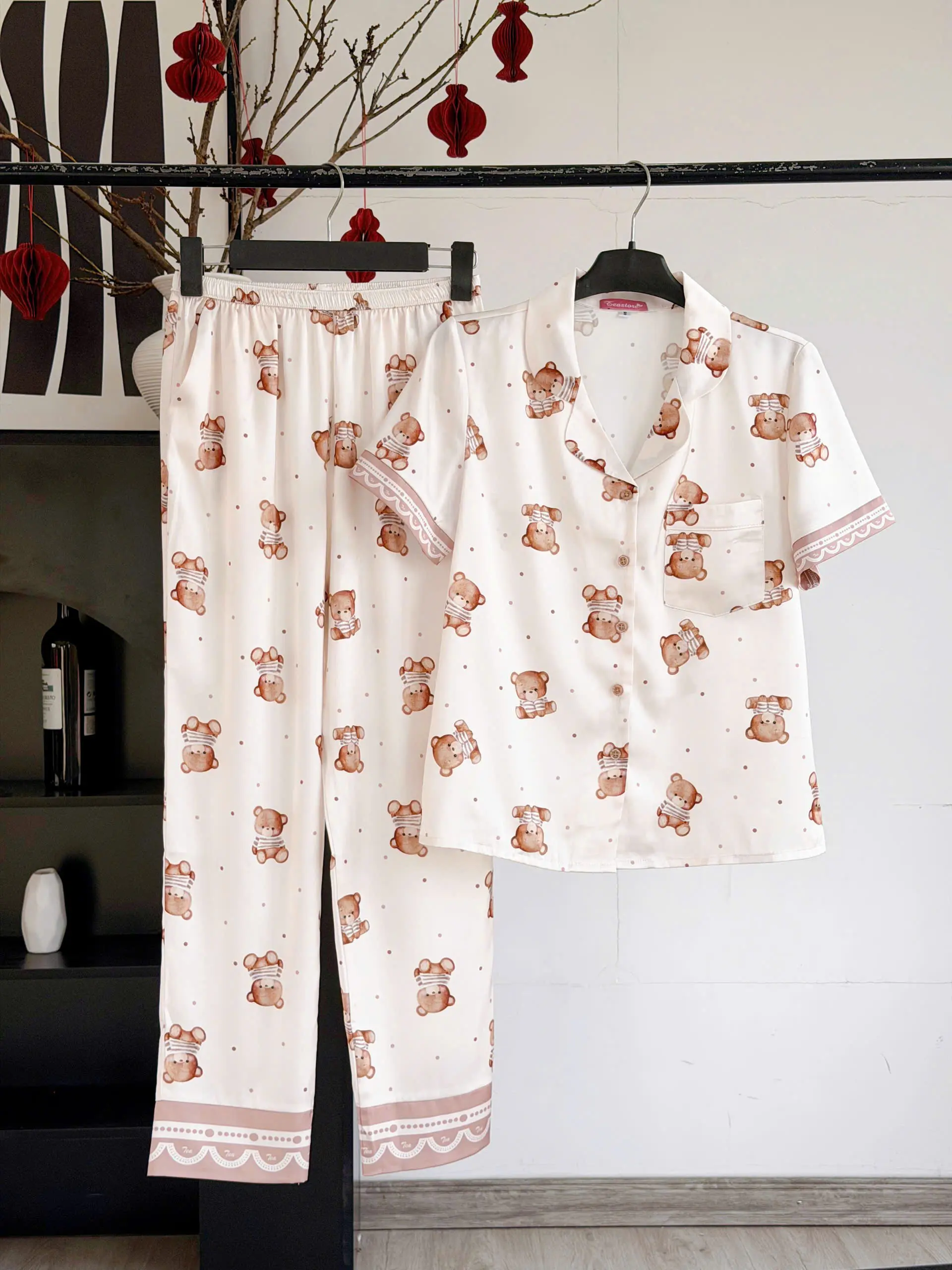 TEA Silk Pajama Set – Short Sleeve Top & Long Pants with Two-Color Bear Print