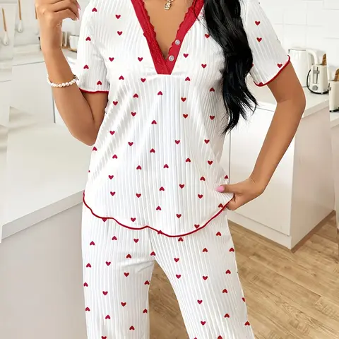 FEITAI Women's Soft 2-Piece Floral Cherry Print Pajama Set - Elastic Ribbed Knit Short Sleeve Henley Top with Lace, Stretchy Fit Pants, Feminine Sleepwear Loungewear, Two Piece Sets