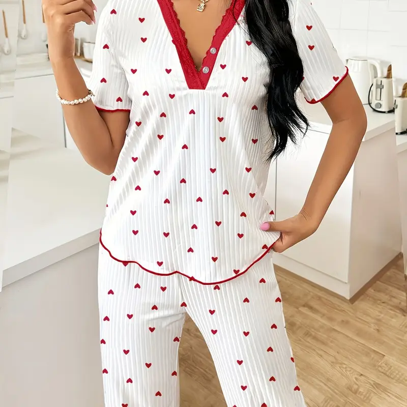 FEITAI Women's Soft 2-Piece Floral Cherry Print Pajama Set - Elastic Ribbed Knit Short Sleeve Henley Top with Lace, Stretchy Fit Pants, Feminine Sleepwear Loungewear, Two Piece Sets
