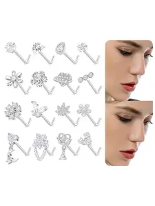 16Pcs Nose Rings L Shaped Nose Stud Stainless Steel Butterfly Flower Leaf Heart Moon Dangle Nose Stud Ring Body Piercing Jewelry for Women Men 20G Pink Sliver Clear CZ Fashion Body Jewelry