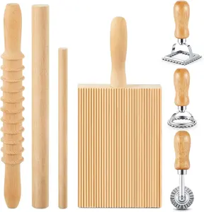 7 Pcs Gnocchi Pasta Making Tool, Wood Gnocchi Board with Ravioli Stamp and Rolling Pin Set Homemade Kitchen Gift for Baking Lovers(Pasta Style)