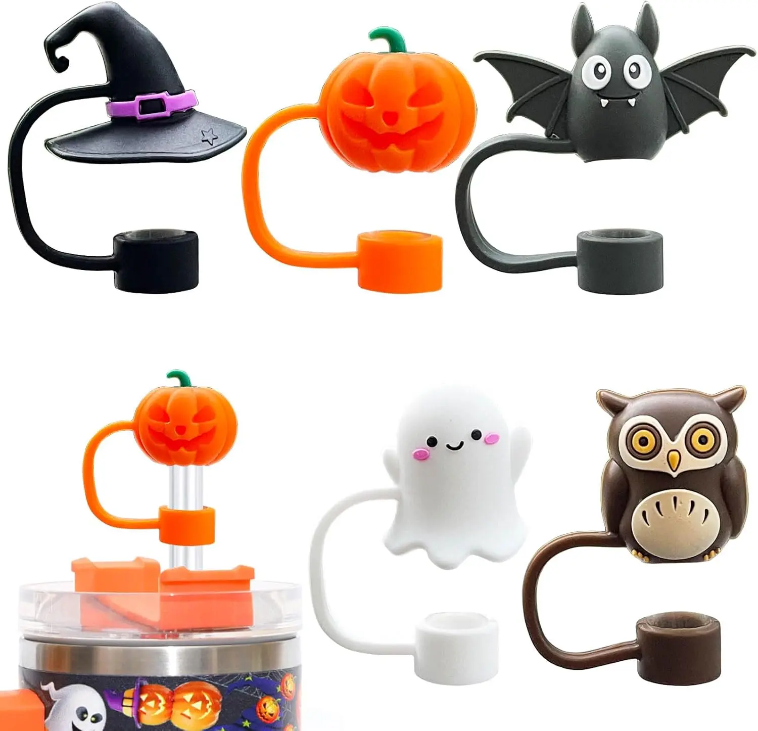 5-Pack Halloween Silicone Straw Covers for 10 mm Tumbler Straws, Compatible with Stanley Quencher 30 and 40 oz Cups