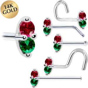 14k White Gold Red Green 1.5mm CZ Marquise Nose Ring