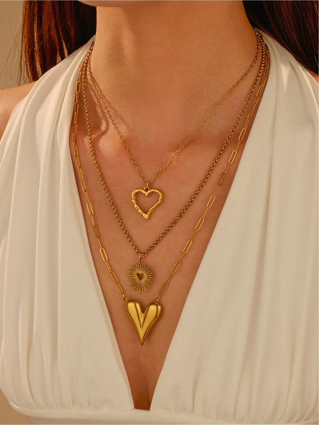 3-Piece Stainless Steel Necklace Set, Necklace Chain for Women, Features include uniquely shaped heart pendants, stackable necklaces, gold openwork heart jewelry, and 18K gold plated pieces, Hypoallergenic and fade-resistant, Perfect for everyday wear