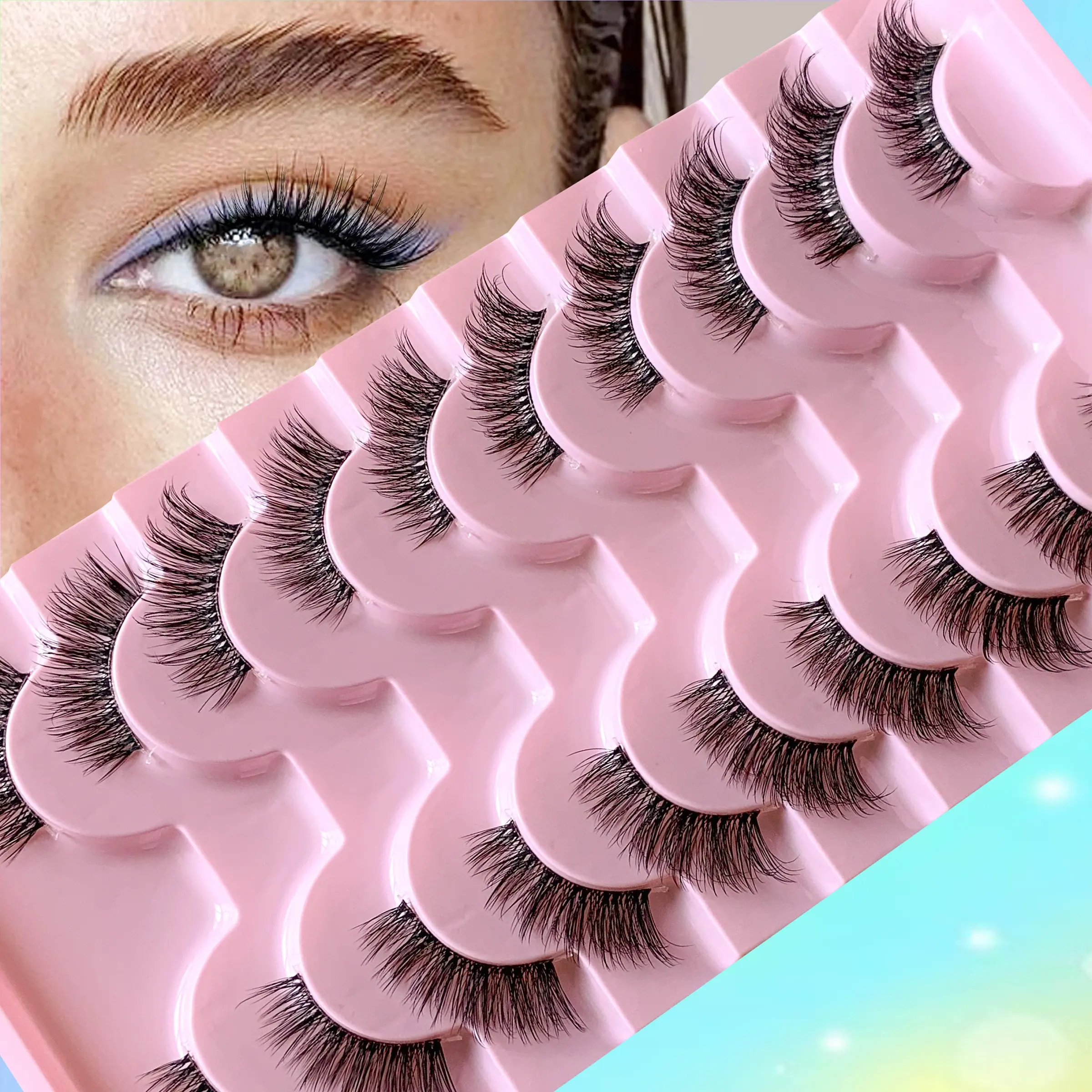 10 pairs clear band Half lash small natural wispy cat eye style false eyelash,3D wispy soft and light weight makeup strip eyelashes set,winged half lashes L12, Cosmetic False Lashes