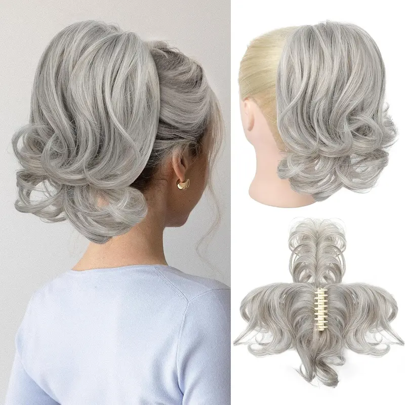 Ponytail Extension, Claw Clip in Ponytail Hair Extension 10 Inch Short Wavy Curly Ponytail Extension with Bendable Metal Wire Hair Pieces for Women - Silver Gray With Brown mixed