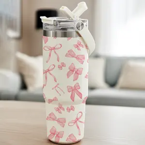 1 Pc 30oz skinny insulated mug, double wall thermal cup insulated thermos with leak-proof lid, pink bow style, hot cold drinks tumbler, Insulated travel drinkware, gift for women, Christmas, keeps warm 12h cold 24h, cup for work school travel