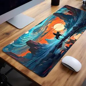 Creative Moon & Mountain & Cowboy Pattern Mouse Pad, Large Rectangle Gaming Mouse Pad, Non-slip Rubber Base Stitched Edge Desk Keyboard Mat for Home Office Game