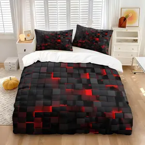 3D Red Black Geometric Cube Duvet Cover Set (1 Duvet Cover + 1/2 Pillowcases, No Core), Soft Breathable Tech Style Print Bedding, All Season Comforter Cover for Bedroom, Dorm, Man Cave, Bed Sets Supplies