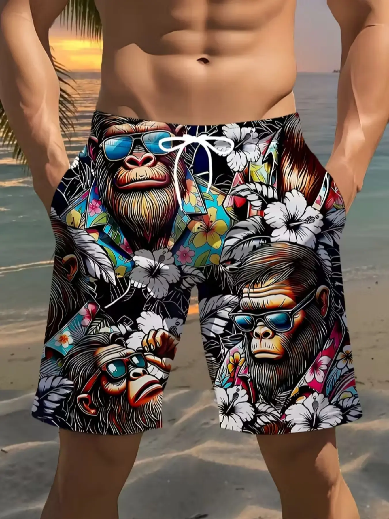 Men's 3D Gorilla Print Beach Shorts, Lightweight Polyester Drawstring Waist Casual Swim Trunks, Summer Golf Fishing Basketball Gym Outdoor Activities