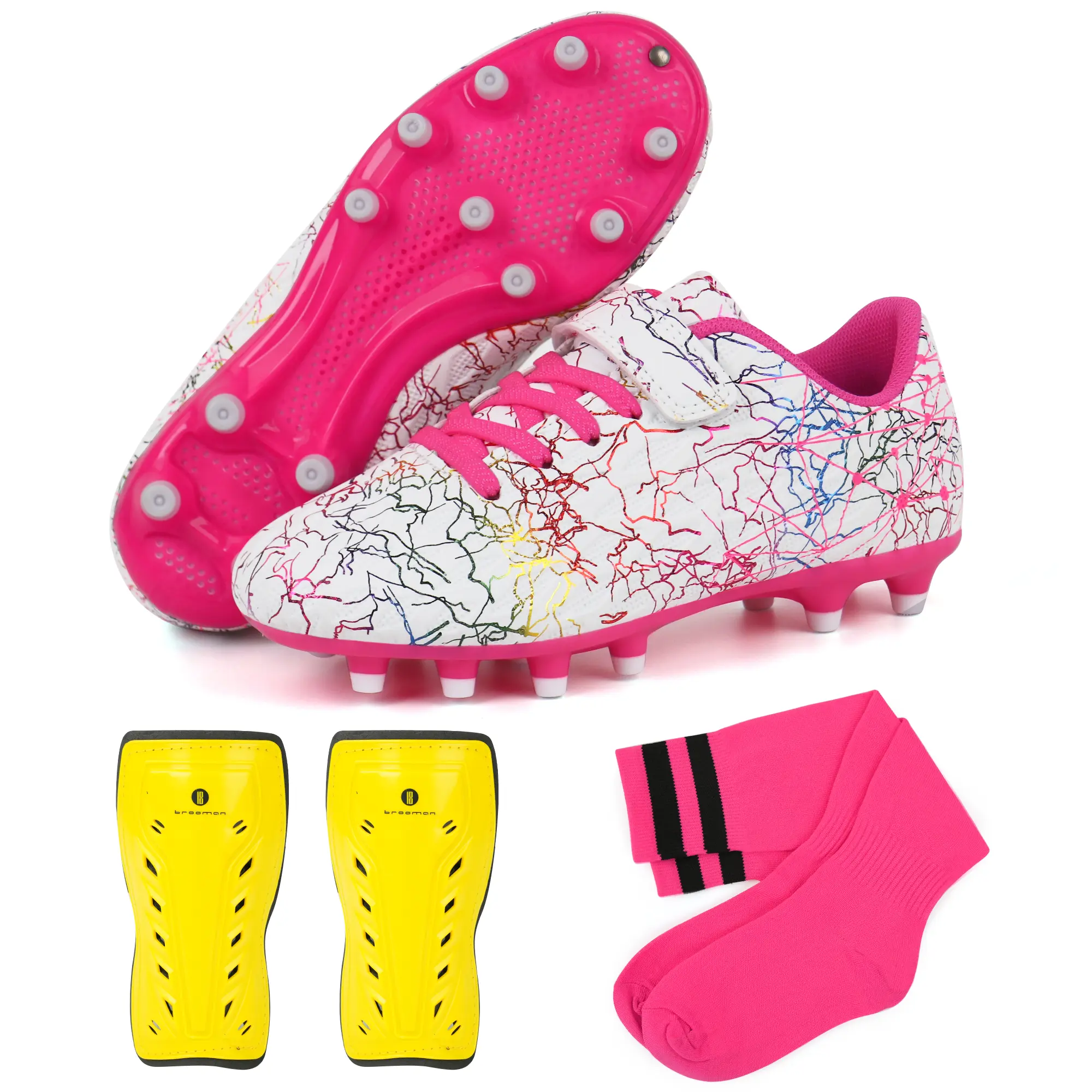brooman Girls' JuniorJet Synthetic Sports Football Shoes, Firm Ground Soccer Cleats with Shin Guards and Socks, Kids', Synthetic Socks, Small Shin Guards, Velcro Fasten, 1 Little Kid, 1 Set, Unisex Kids