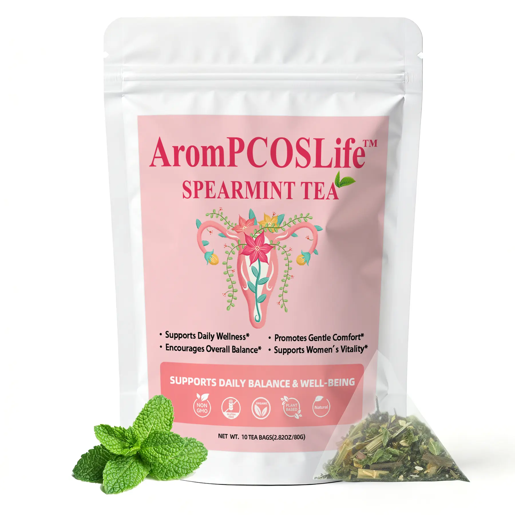 AromPCOSLife Spearmint Tea Support Natural Balance, Organic Spearmint Tea for Women , 10 Teabags Loose Leaf Herbal Teas for Hirsutism and Acne, Caffeine-free