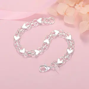 925 Sterling Silver Heart Bracelet Women Wedding Party Birthday Fashion Jewelry Elegant Durable Stylish Accessory Daily Wear Gift