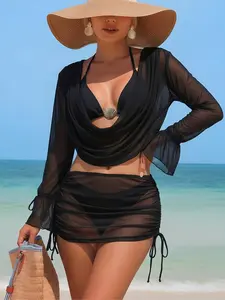 New Bikini Set Four-Piece, Halter Lace-Up Shell Decor Backless Drawstring Skirt Long Sleeve Cover-Up Swimsuit, Summer Swimwear Beach Wear