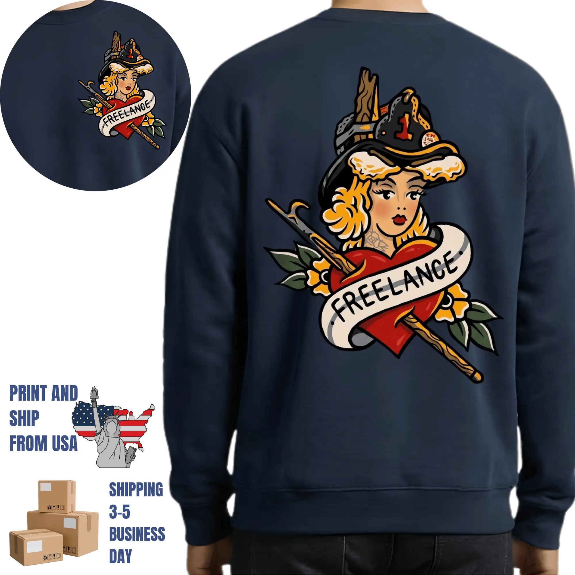 Freelance Firefighter Girl Heart Tattoo Sweatshirt, 2 Sides, Traditional American Fire Woman Crewneck