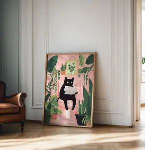 Funny Bathroom Poster, Cat Reading Newspaper Print, Toilet Wall Art Print, Vintage Cat Print, Maximalist Wall Art, Bathroom decor Wall Art