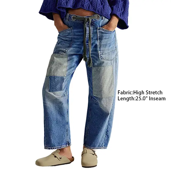 Flamingals Drawstring Patch Pocket Mid Waist Barrel Leg Jeans Bootcut Ripped