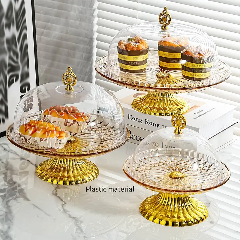 Elegant Footed Dessert Display Tray with Handle Lid, Multi Size Plastic Cake Platter with Dustproof Clear Dome Cove