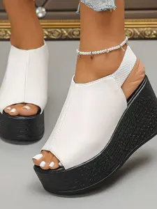 Women's Summer New Thick Sole Fish Mouth Sandals, Open Toe Design, Fashion Slip-On Single Strap Shoes, Outdoor Wear, Adjustable Elastic Band