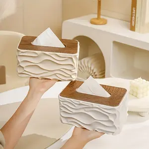 Nordic Minimalist Style Corrugated Tissue Box, Arched Handkerchief Box with Wood Grain Lid, Large Napkin Dispenser, Autumn-Themed Bathroom Decoration