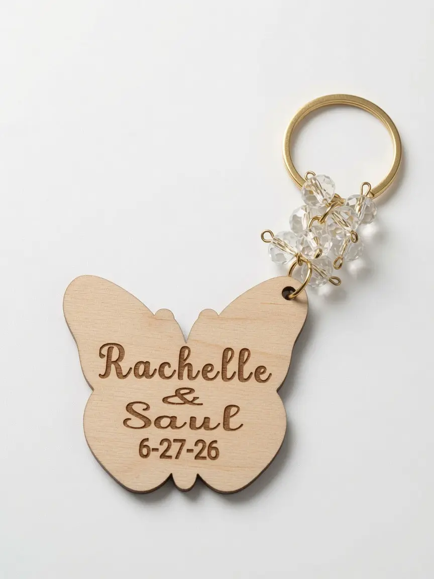 Set of 12 Personalized Butterfly Wooden Keychain - Custom Engraved Name & Date | Sweet 16, Quinceañera, Wedding, Baptism, Communion and more