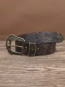 Unisex Vintage PU Cowboy Belt with Western Engraved Buckle, Perfect for Music Festivals & Halloween Decorations, Fashionable Unique Accessory, Western Belt Buckles