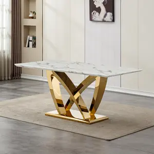 70-inch Rectangle Dining Table for 6-8 People, Modern Large Kitchen Table with Scratch-Resistant Faux Marble Top & Mirrored Gold Stainless Steel Base, Easy-Clean for Formal Dining Room, Open Plan, Entertaining (Gold/White)