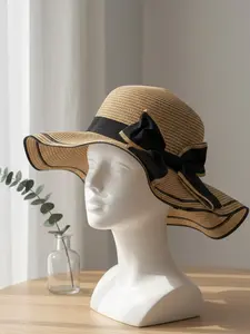 Weave&wild Bow Wide Brim Handwoven Straw Hat, French Elegance Wave Ruffle Sun Protection, Perfect for Beach Vacation & Daily Wear