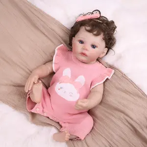 KEIUMI Reborn Baby Dolls 18 Inch Realistic Soft Silicone Reborn Baby Doll, Hand-Rooted Brown Curly Hair Blue Eyes, Cute Bunny Knit Sweater Outfit Set for Kids Girls Gift  3+