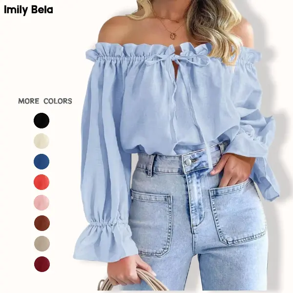 Imily Bela Womens Off The Shoulder Tops Puff Long Sleeve Tie Front Loose Fit Ruffle Shirts Blouses