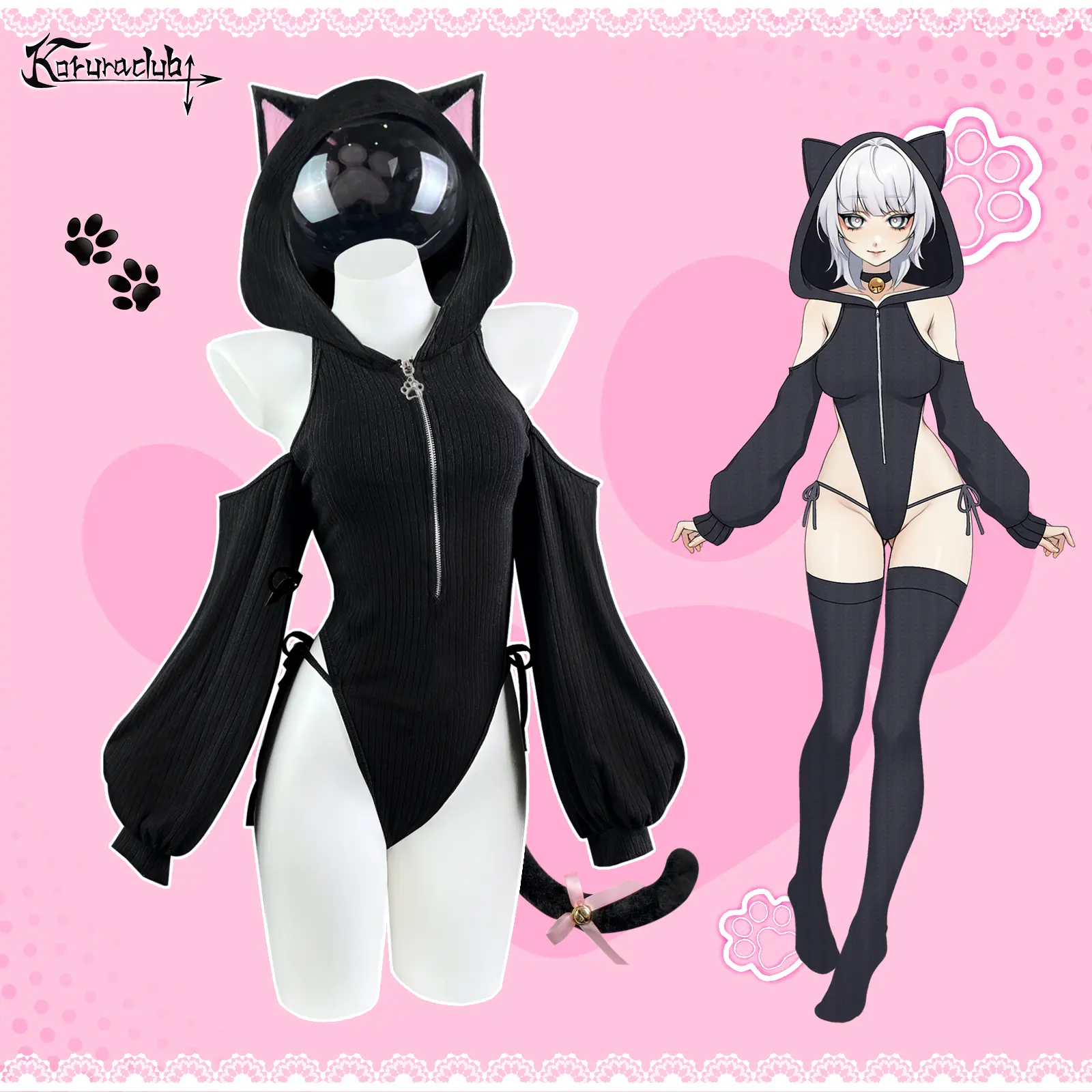 KORURACLUB Women Cute Cat Bodysuit Set Ears Tail Party Outfit
