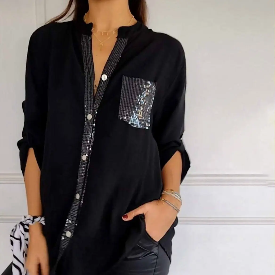 Women's Long Sleeve Button Down Shirt with Sequin Trim