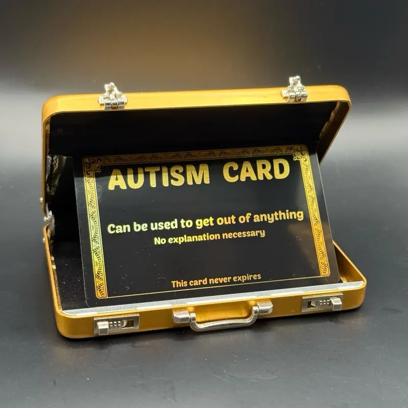 Mini Gold Briefcase & Autism Card - Pocket Suitcase Wallet For Cards (+ 1 Autism Excuse Card Included)