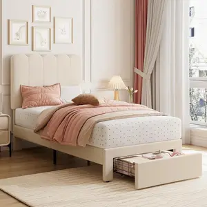 1 Sets Twin Bed Frame with Under-Bed Drawer, Upholstered Platform Bed with Wave Headboard for Kids/Girls, Wooden Slats Support, No Box Spring Needed, Boucle Beige