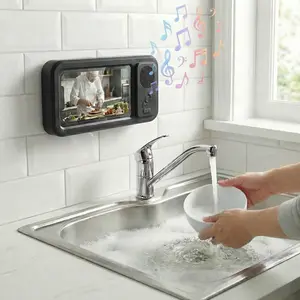 Waterproof Box Speaker, 360° Rotating Touch Screen to Watch Movies & Take Hands-Free Calls | Your Phone Holder & Portable Subwoofer | IPX5 Waterproof Degree | Perfect for Shower, Pool, Kitchen, Sink.