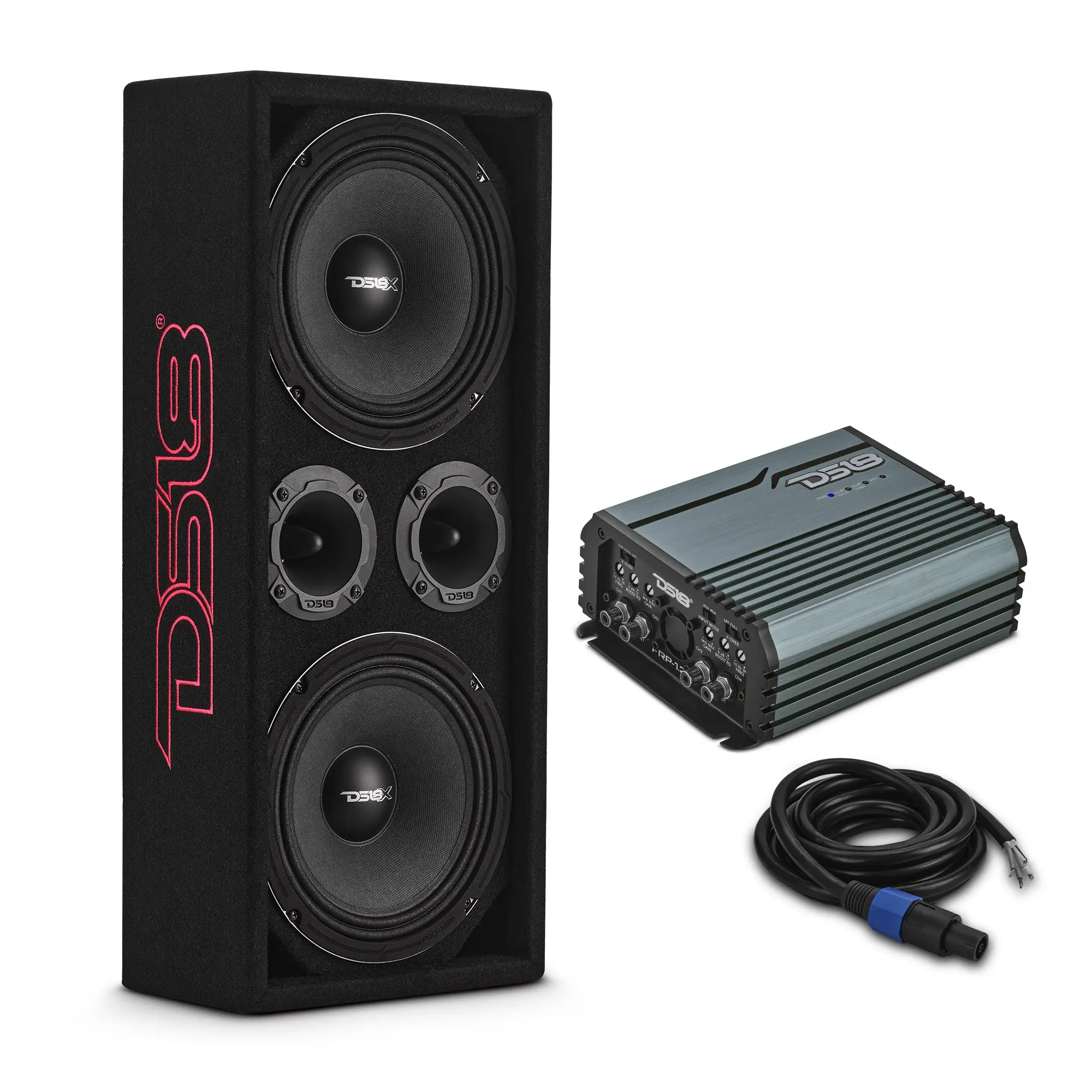 Loaded Voceteo Enclosure with Dual 8" Speakers, Dual 3.78" Tweeters, Amplifier & Speakon Cable