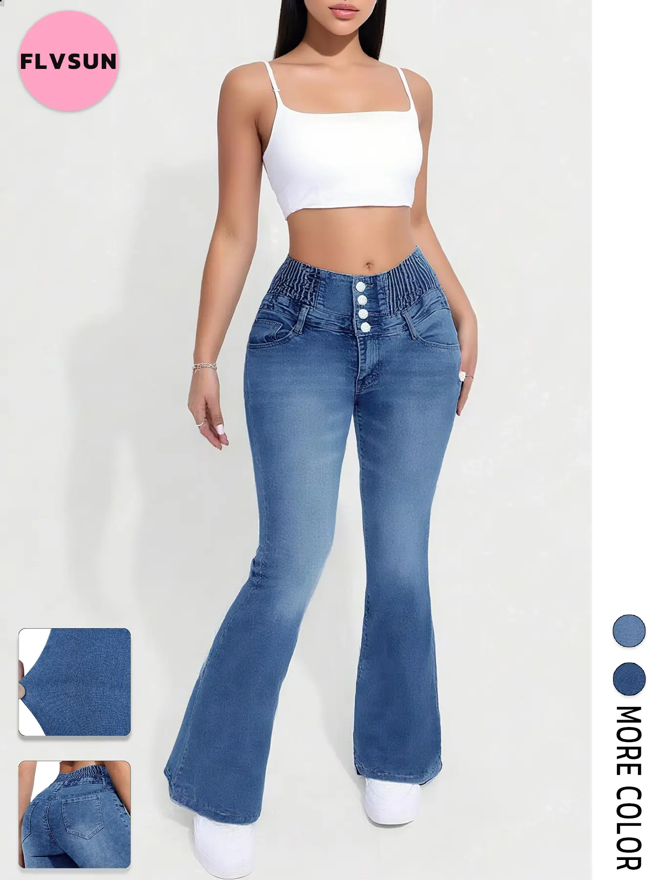 Women's Minimalist High-Waisted Washed Tummy Control Flare Jeans - 4-Button Waistband, Cold-Wash Cotton, Vintage Stretch Flare Pants, Pockets, Casual Denim Trousers for Streetwear, Jeans For Women, Stylish Women's Wear