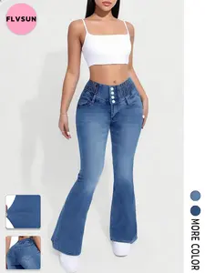 Flvsun-High Rise Medium Wash Tummy Control Flare Jeans with 4-Button Tummy Vintage Slim Stretch Bell Bottom Waistband  Trouser Pants Denim Streetwear Pocket Basic Minimalist
