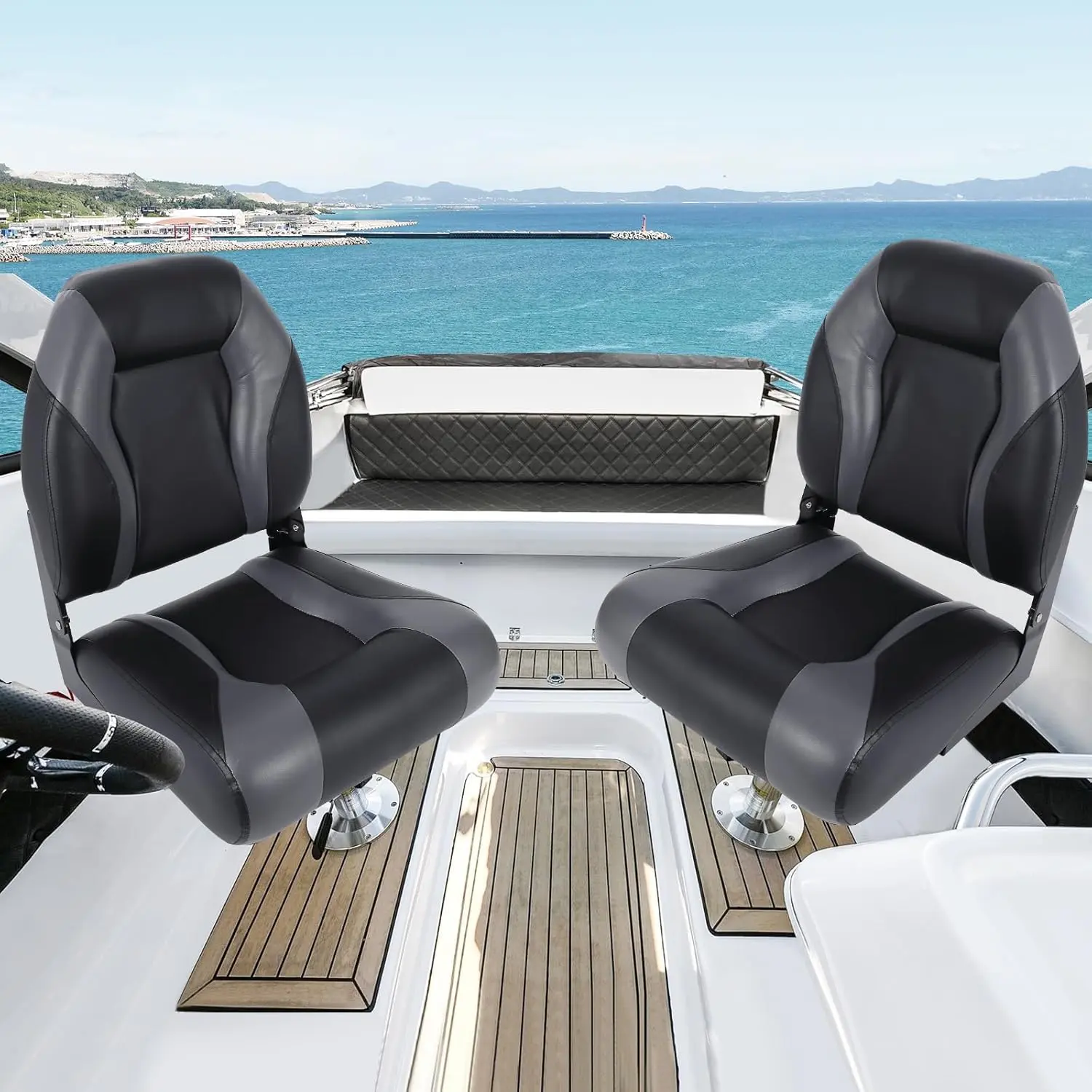 Garvee High Back Folding Boat Seats, 2 Pack – Thick Padded Waterproof Marine Chairs with Aluminum Hinges for Fishing, Pontoon, Jon Boats, Speedboats – Ergonomic Deck Seating, Comfortable and Durable